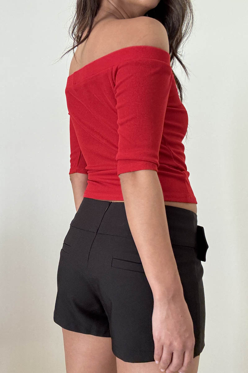 Ribbed Off Shoulder Fitted Elbow Sleeve Top