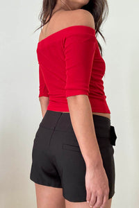 Ribbed Off Shoulder Fitted Elbow Sleeve Top