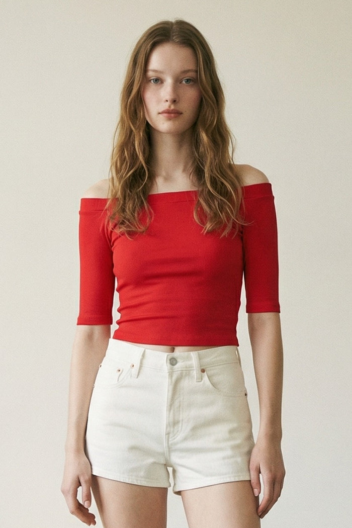 Ribbed Off Shoulder Fitted Elbow Sleeve Top
