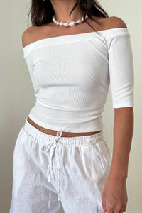 Ribbed Off Shoulder Fitted Elbow Sleeve Top