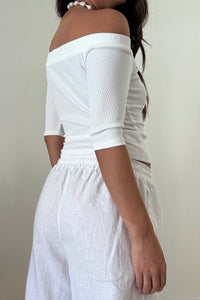 Ribbed Off Shoulder Fitted Elbow Sleeve Top