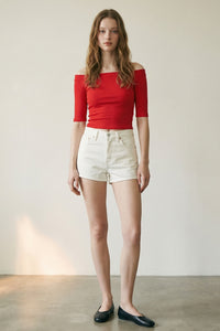 Ribbed Off Shoulder Fitted Elbow Sleeve Top
