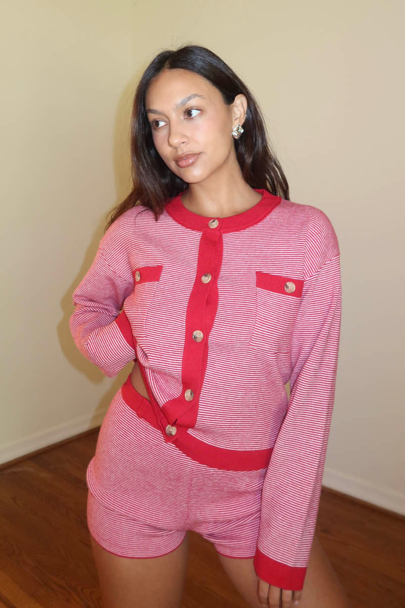 Striped Cardigan and Shorts Sets