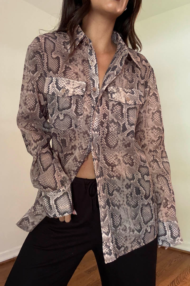 Sheer Python Print Button Up Shirt