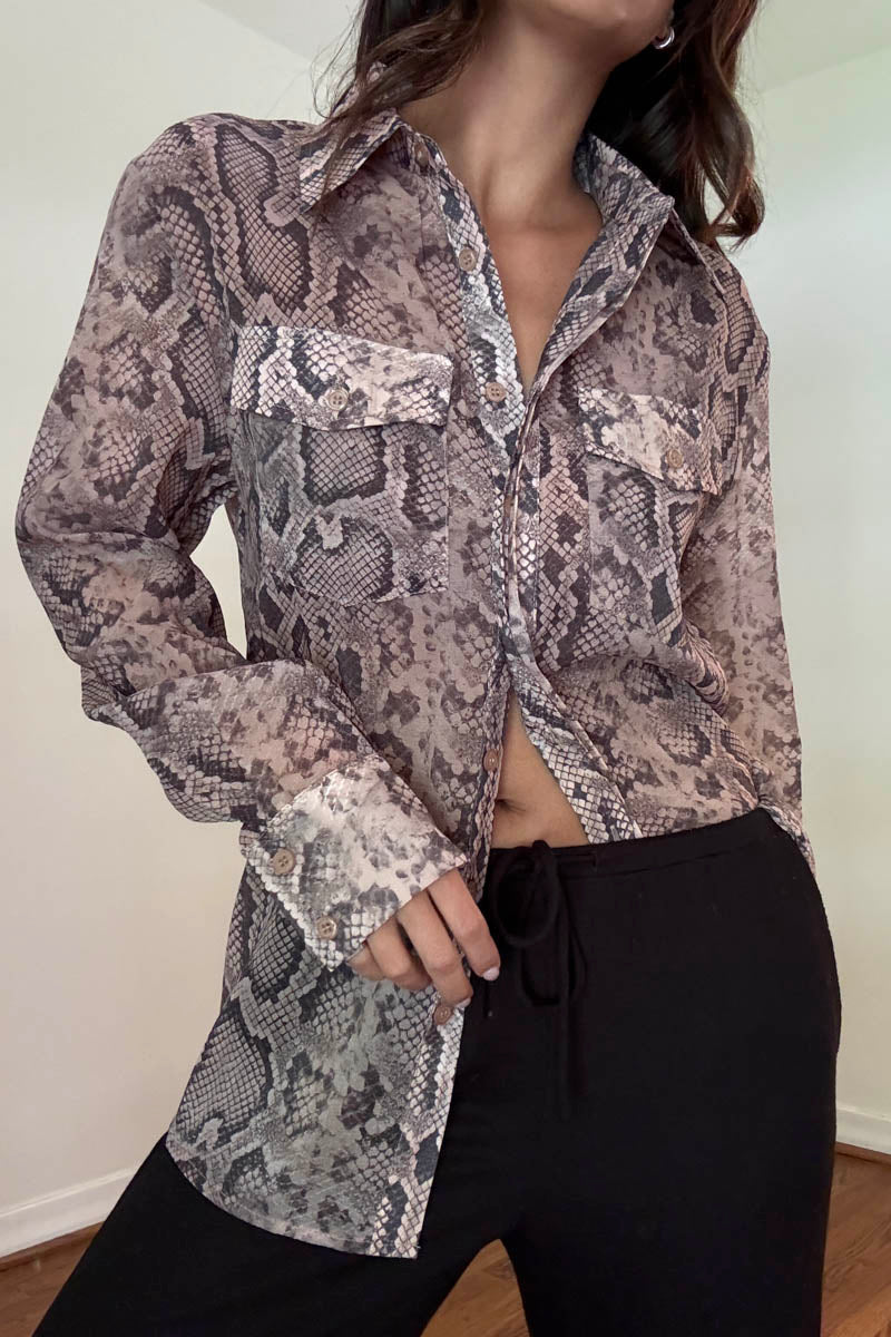 Sheer Python Print Button Up Shirt