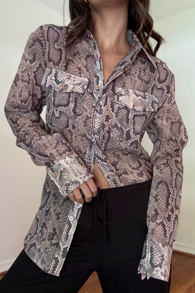 Sheer Python Print Button Up Shirt