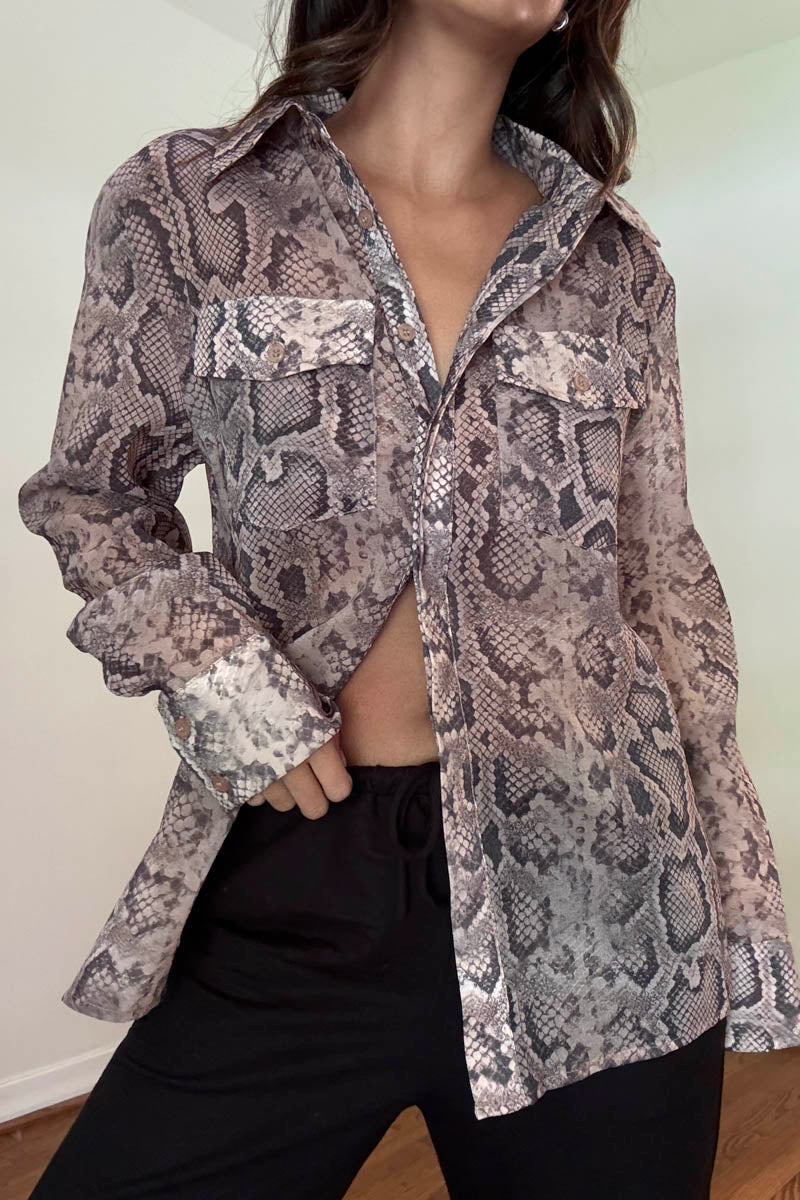 Sheer Python Print Button Up Shirt