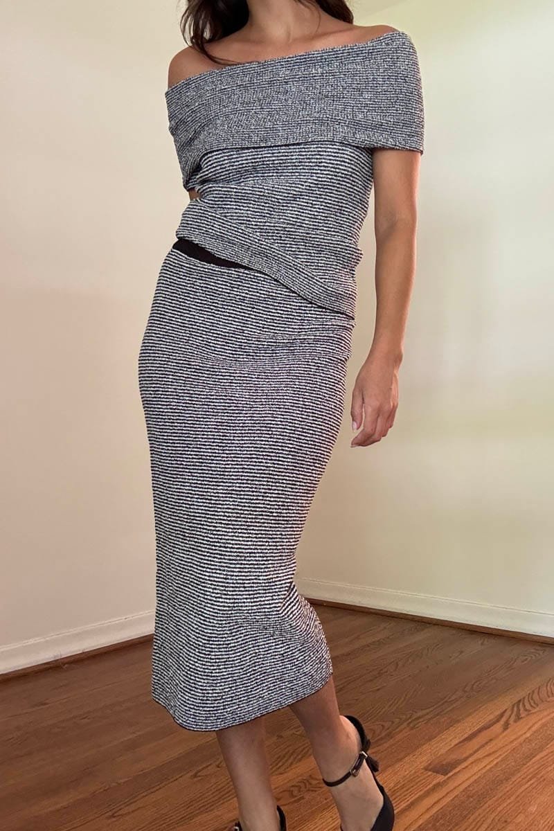 Striped Knit Off-Shoulder Top & Midi Skirt Set