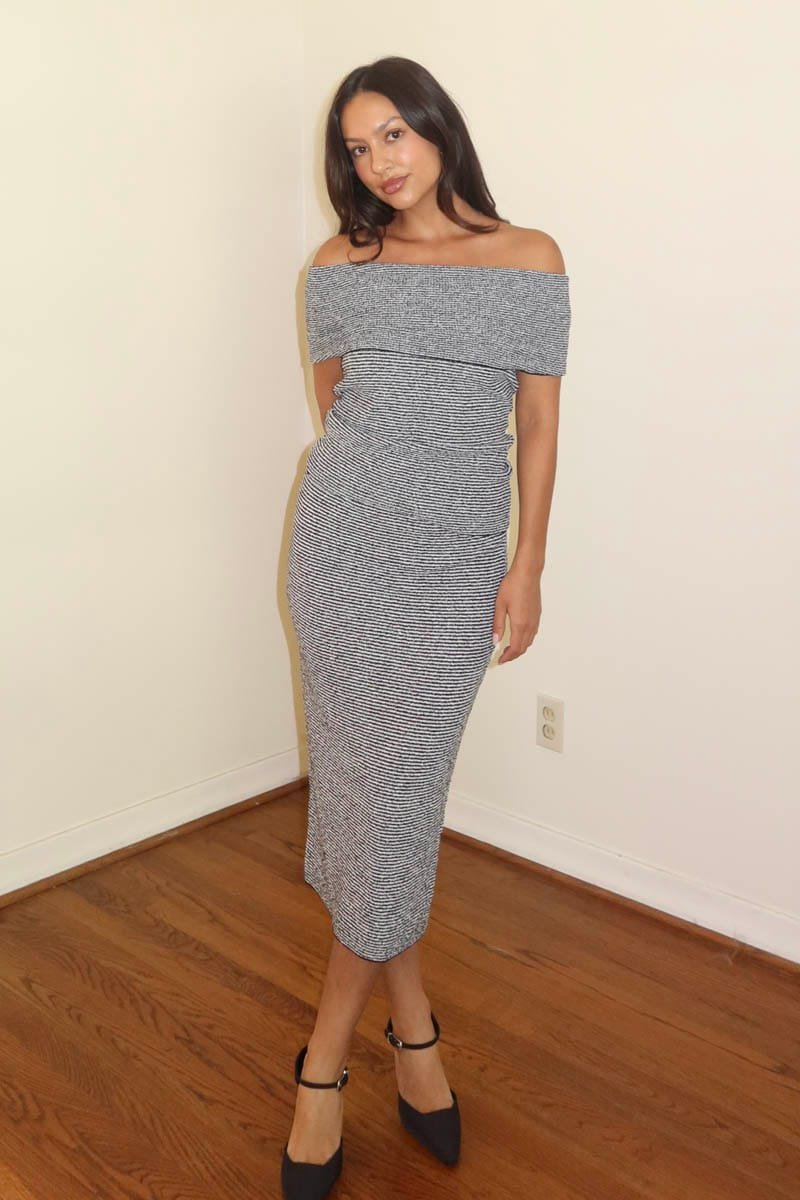 Striped Knit Off-Shoulder Top & Midi Skirt Set