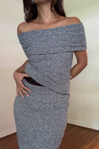 Striped Knit Off-Shoulder Top & Midi Skirt Set