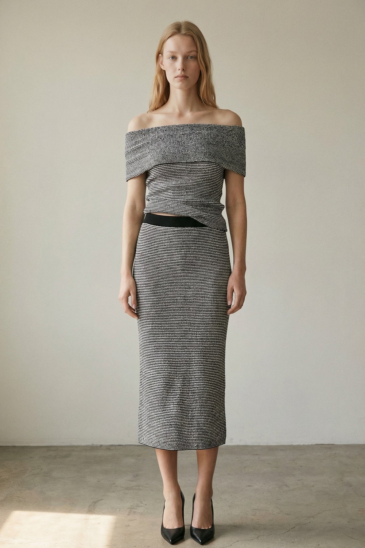 Knit Off Shoulder Long Sleeve Top W/ Skirt Sets