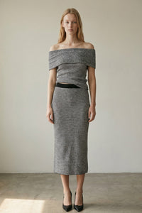 Knit Off Shoulder Long Sleeve Top W/ Skirt Sets