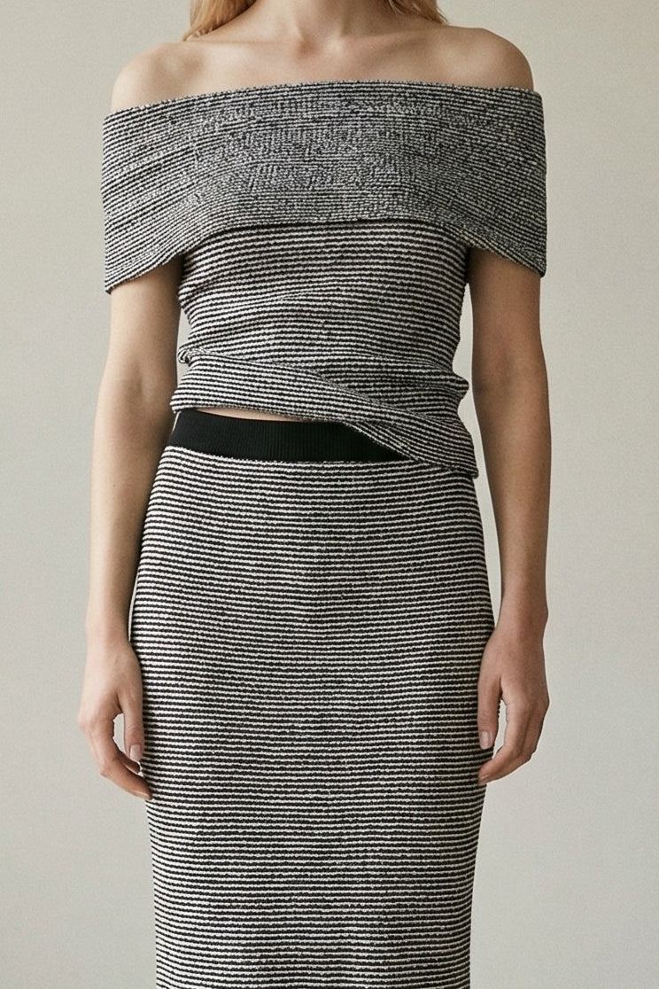 Striped Knit Off-Shoulder Top & Midi Skirt Set