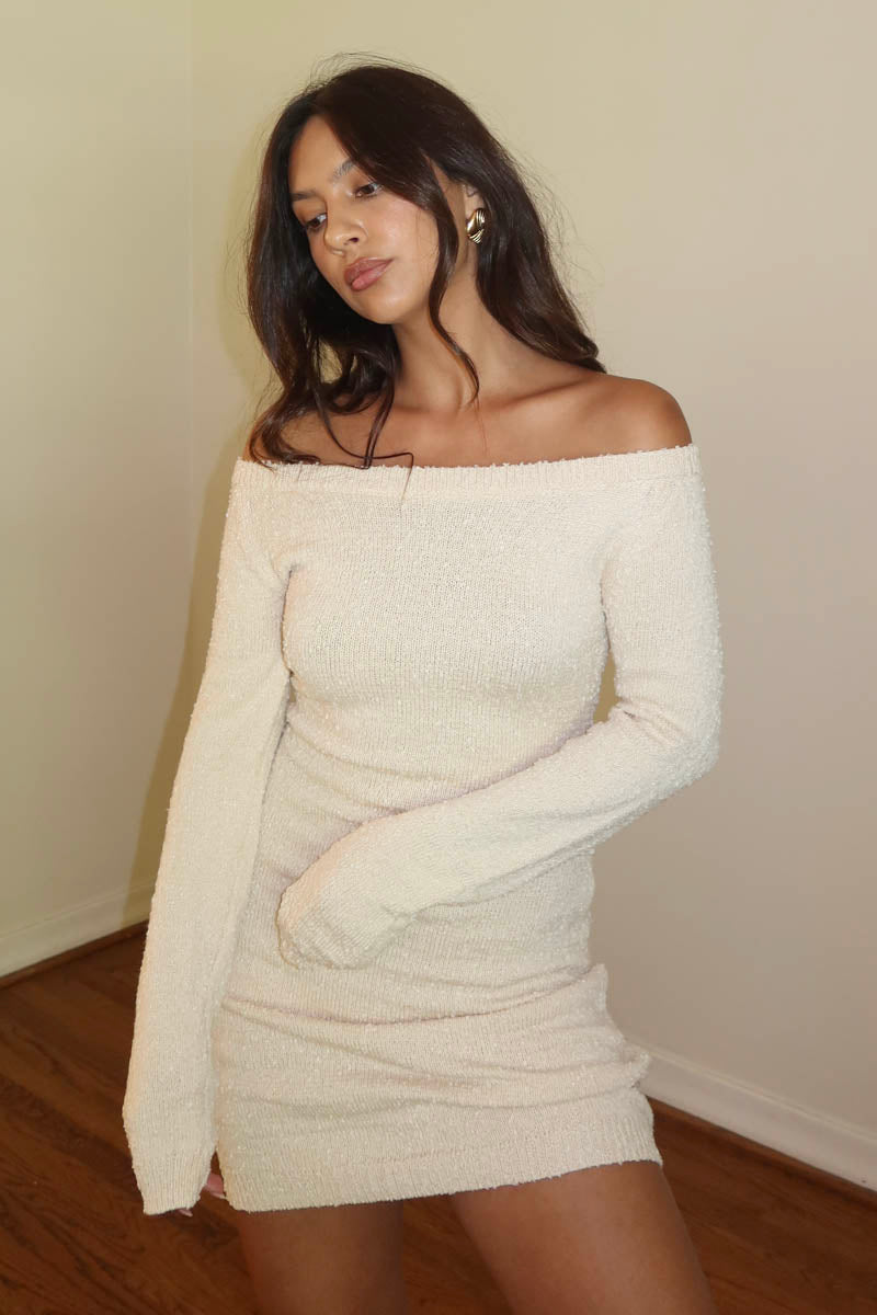 Knit Off Shoulder Long Sleeve Mini Dress