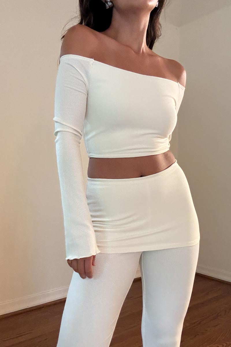 Off Shoulder Top W/ Folded Waistband Pants Sets