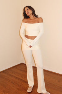 Off Shoulder Top W/ Folded Waistband Pants Sets