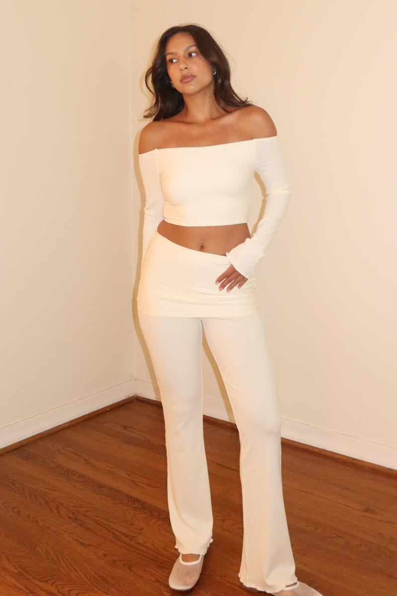 Off Shoulder Top W/ Folded Waistband Pants Sets