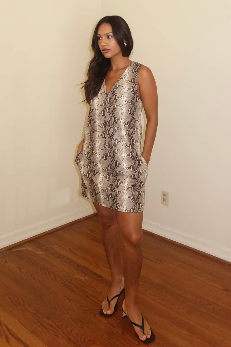 Snake Print Faux Leather A Line Mini Dress