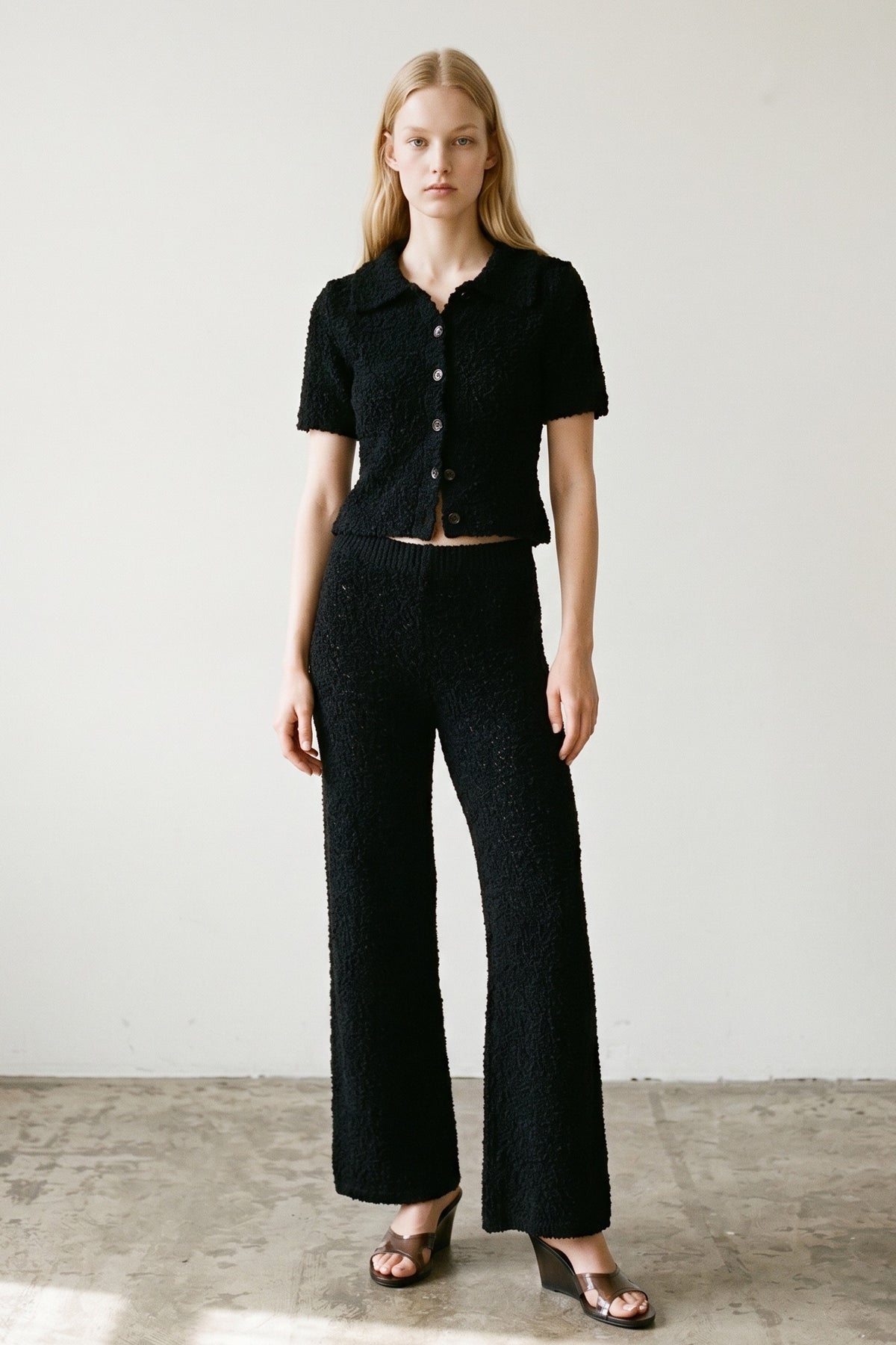 Bouclé Knit Button Top & Wide Leg Pants Set | Two-Piece Textured Co-ord