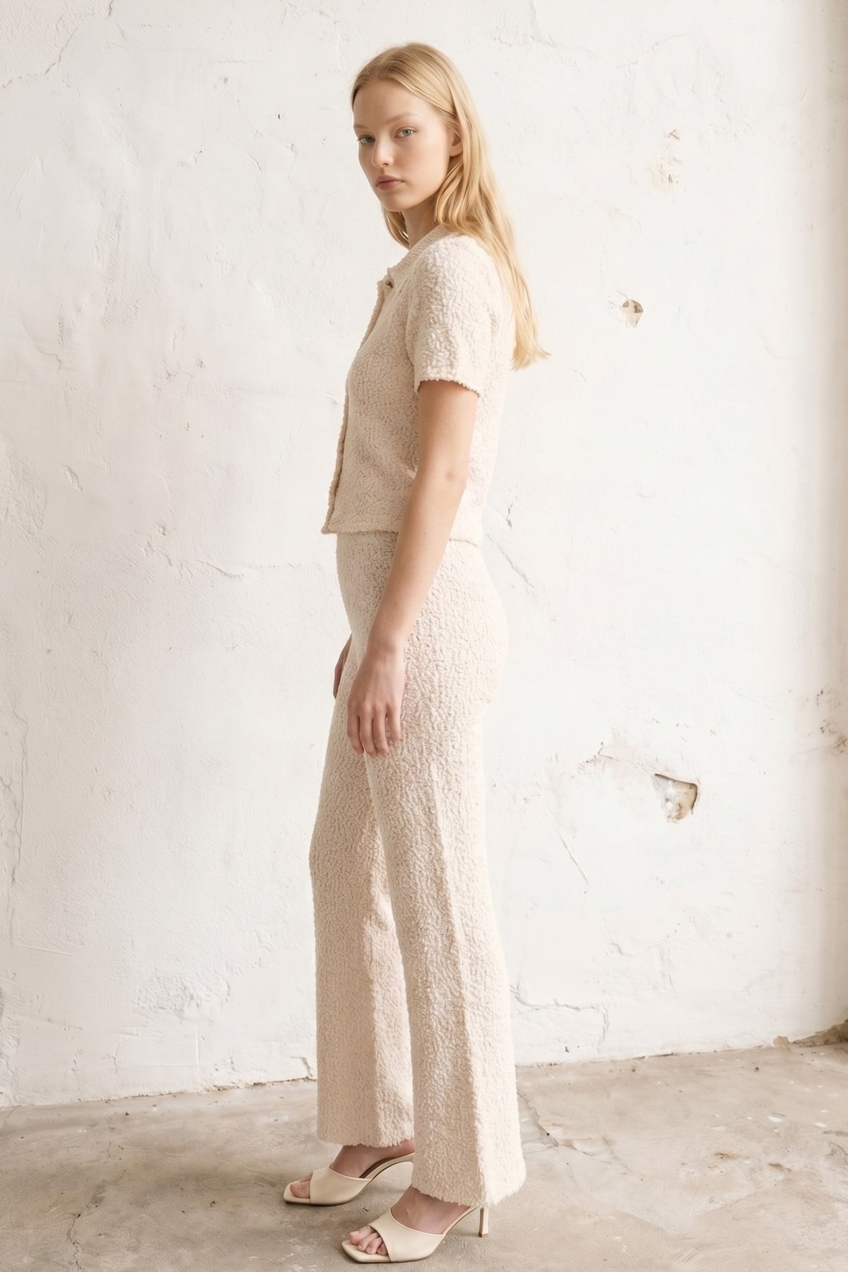 Bouclé Knit Button Top & Wide Leg Pants Set | Two-Piece Textured Co-ord