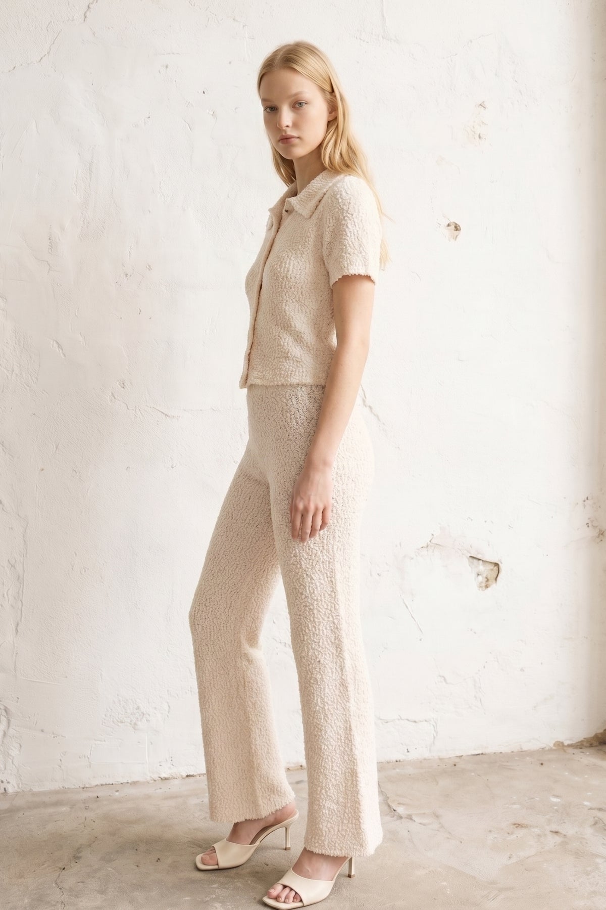 Bouclé Knit Button Top & Wide Leg Pants Set | Two-Piece Textured Co-ord