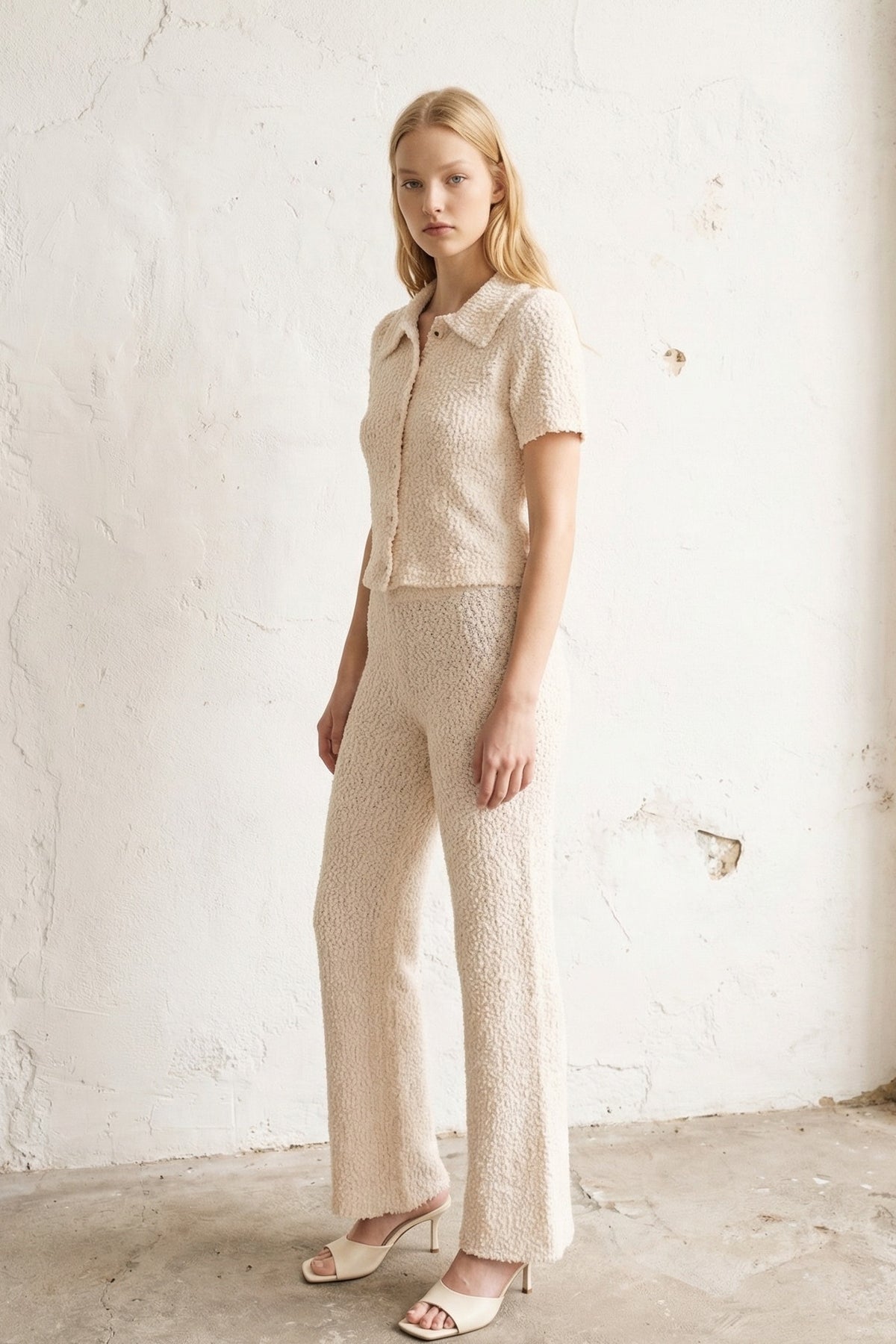 Bouclé Knit Button Top & Wide Leg Pants Set | Two-Piece Textured Co-ord