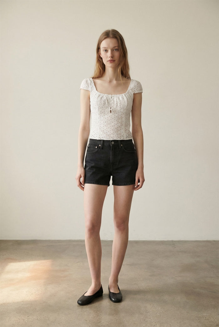 Eyelet Square Neck Button Front Crop Top