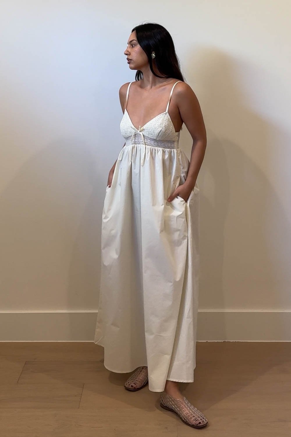 Crochet Waist Poplin Midi Dress
