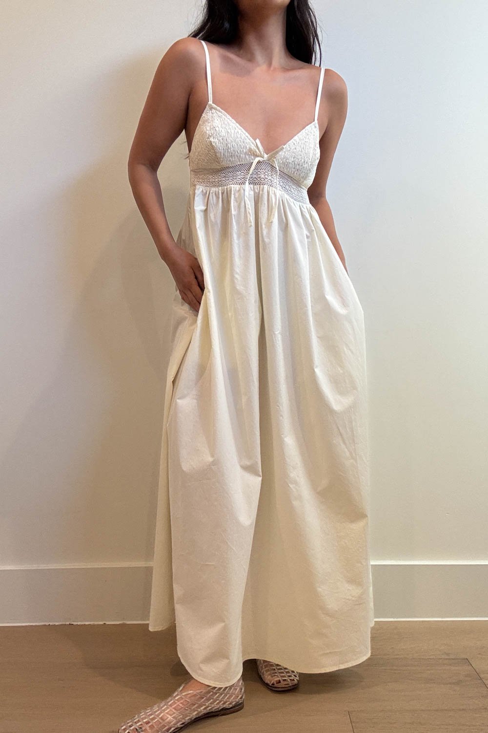 Crochet Waist Poplin Midi Dress
