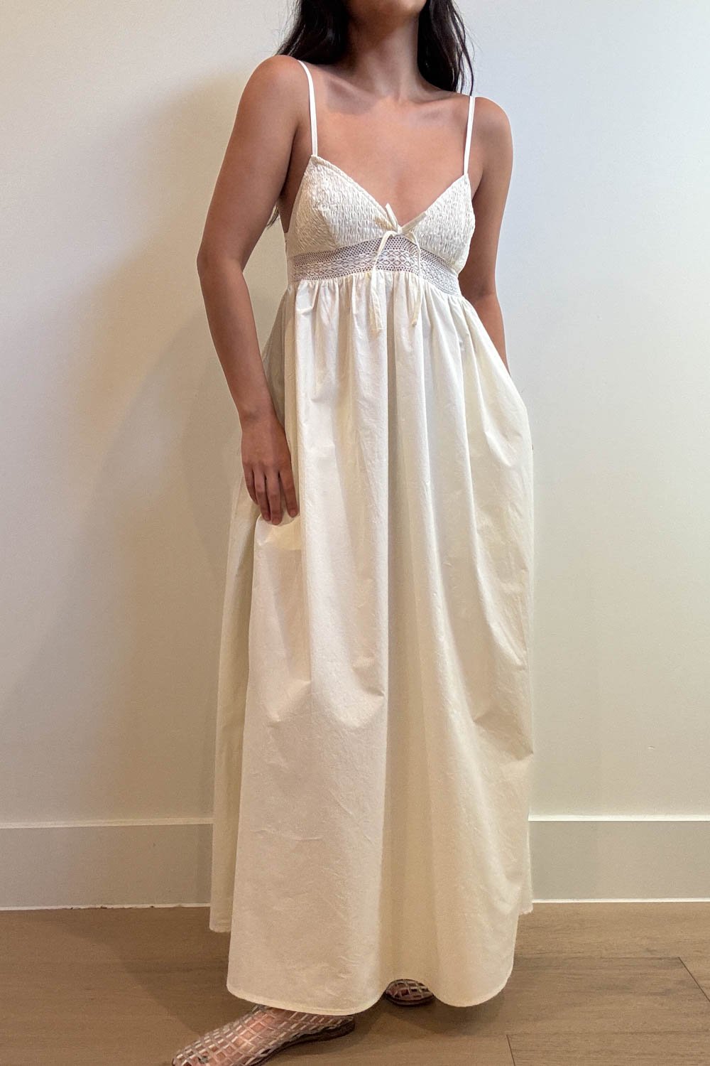 Crochet Waist Poplin Midi Dress