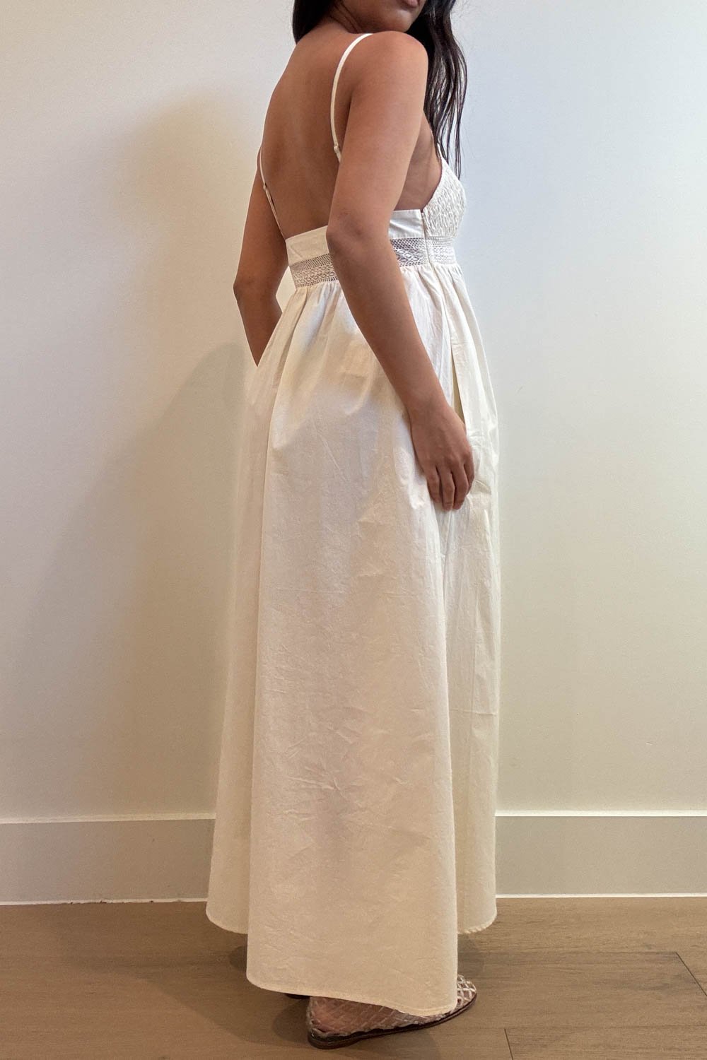 Crochet Waist Poplin Midi Dress