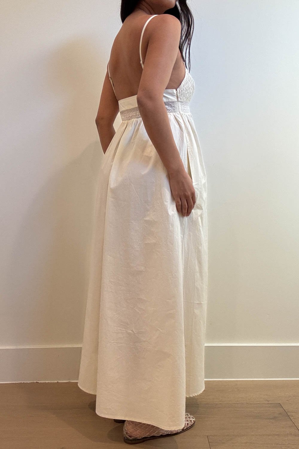 Crochet Waist Poplin Midi Dress