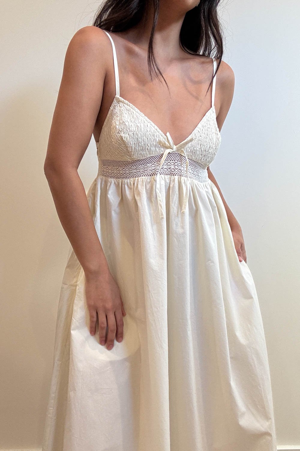 Crochet Waist Poplin Midi Dress