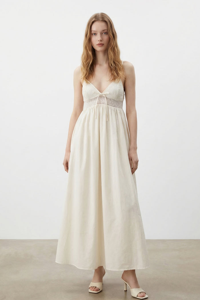 Crochet Waist Poplin Midi Dress
