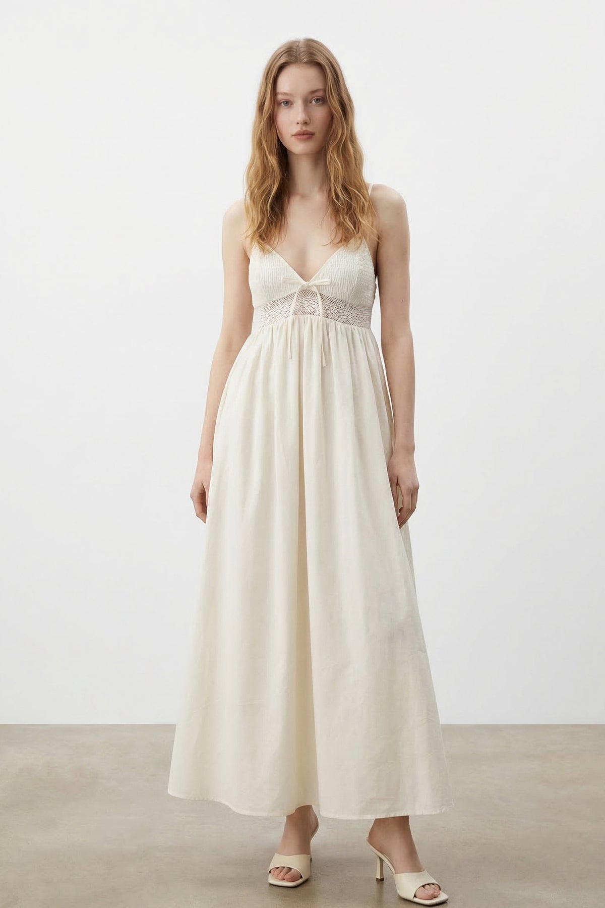 Crochet Waist Poplin Midi Dress
