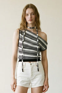 Striped Boat Neck Top with Scarf
