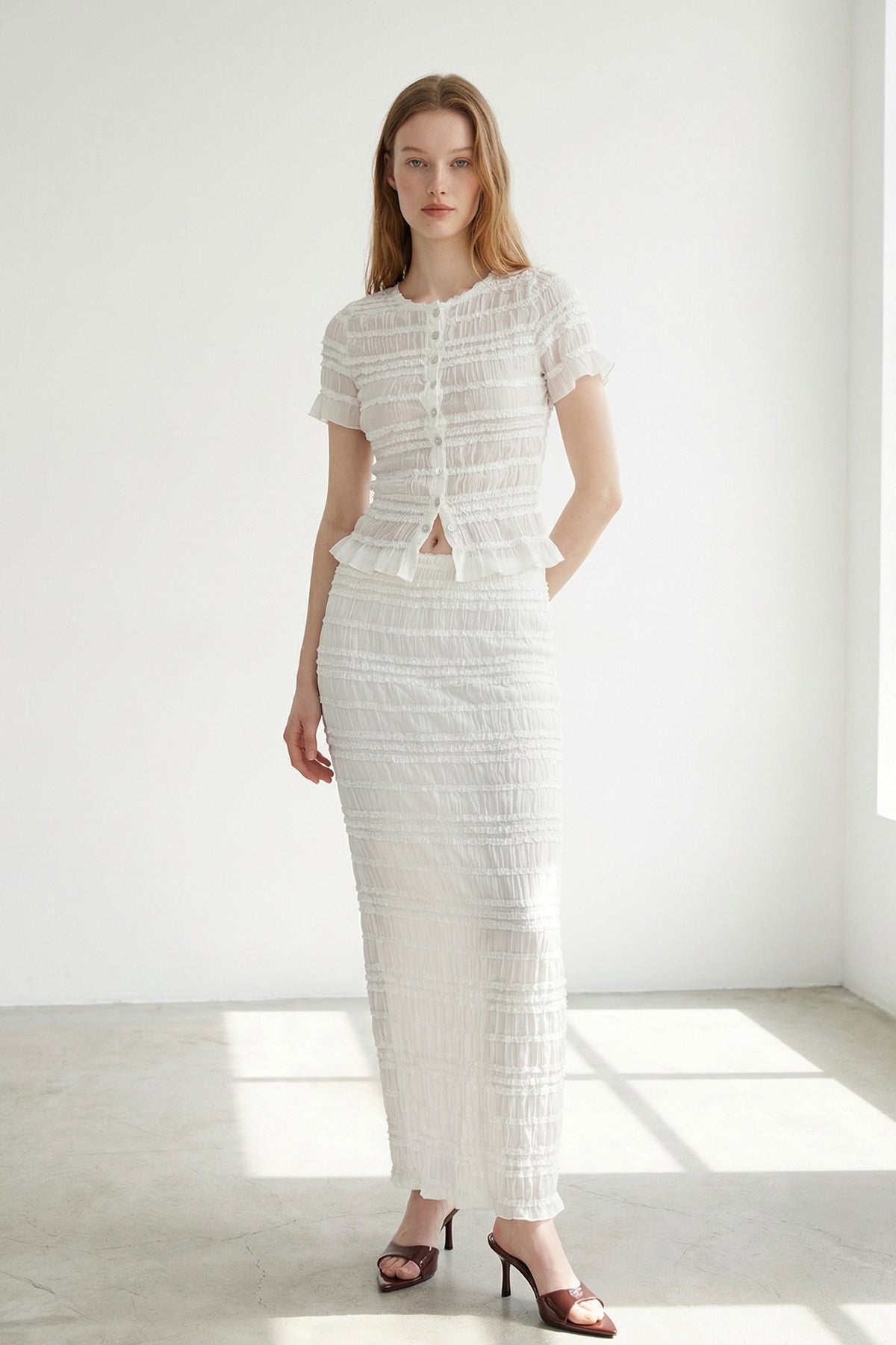 Crinkle Shirred Top Midi Skirt Set