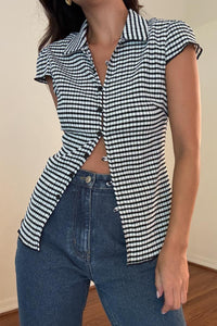Gingham Cap Sleeve Button Down Blouse