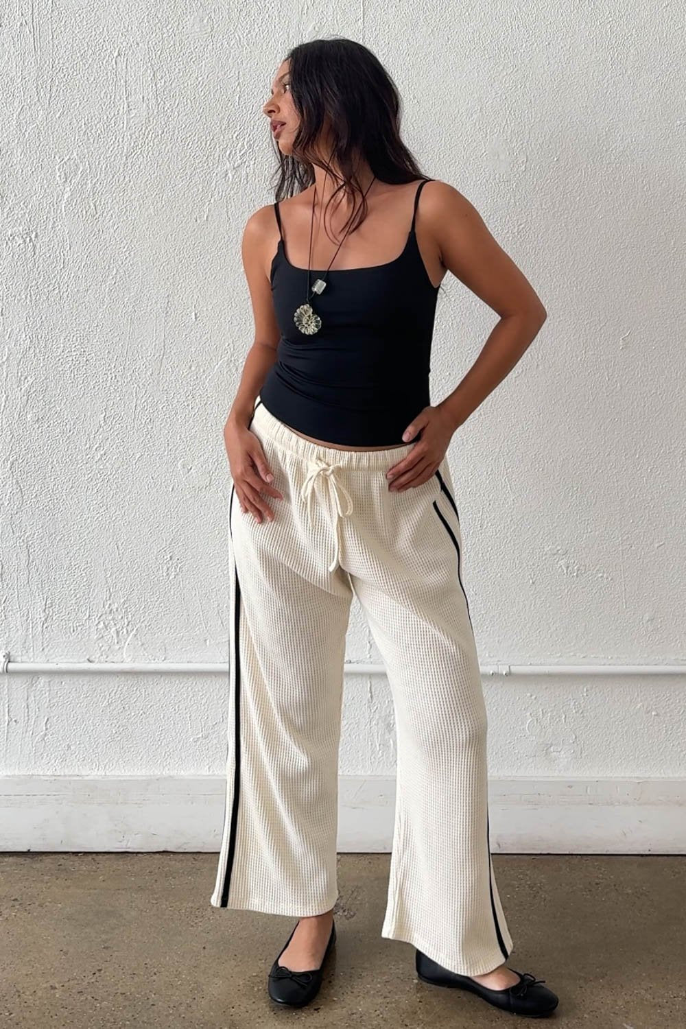 Cream Thermal Wide Leg Drawstring Pants