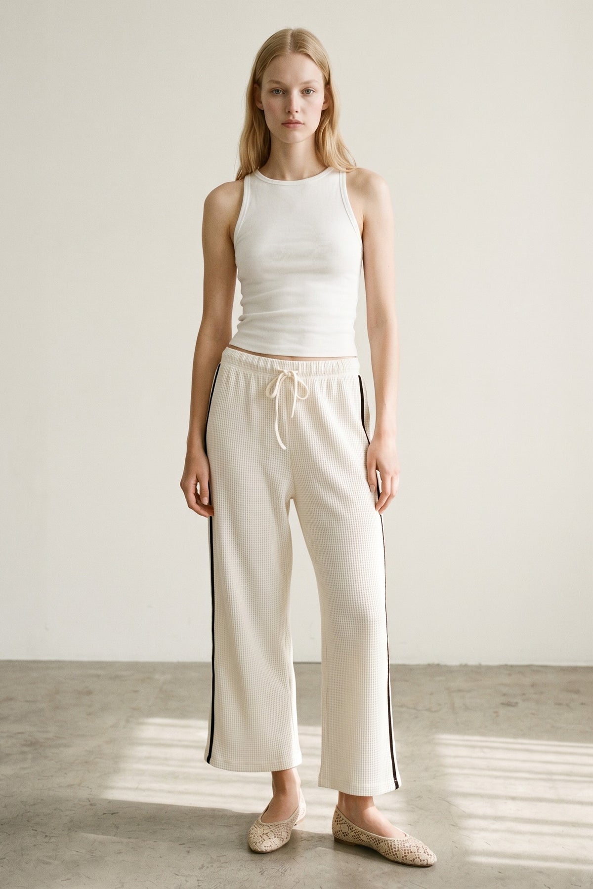Cream Thermal Wide Leg Drawstring Pants