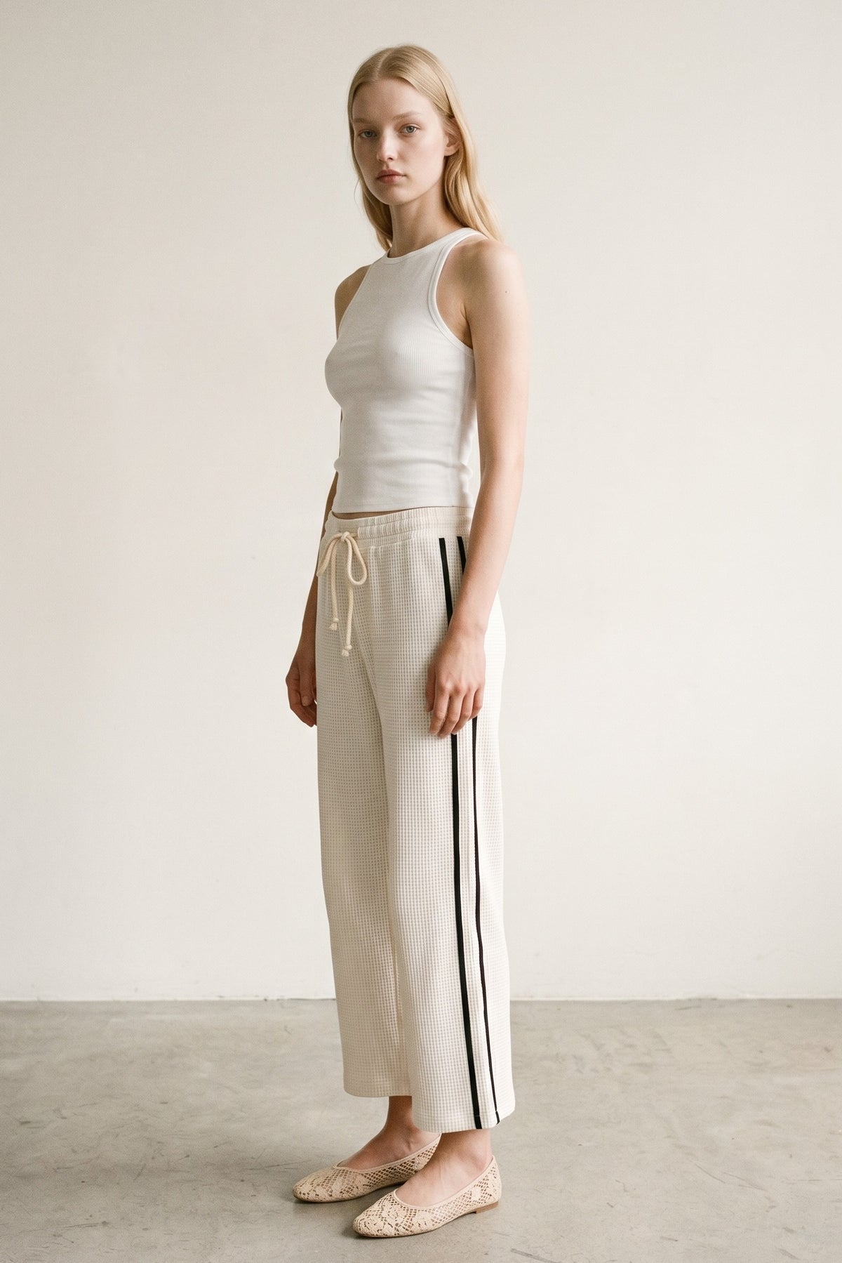 Cream Thermal Wide Leg Drawstring Pants