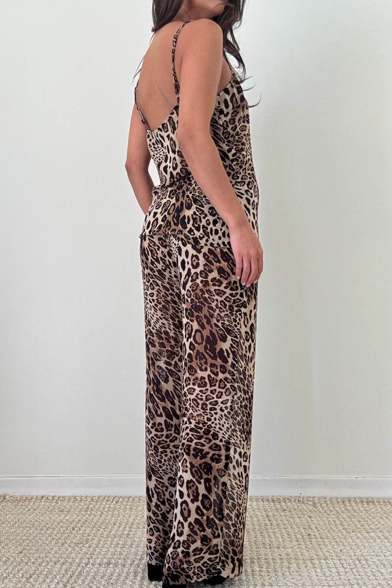 Leopard Print Chiffon Top and Wide Leg Pants Set