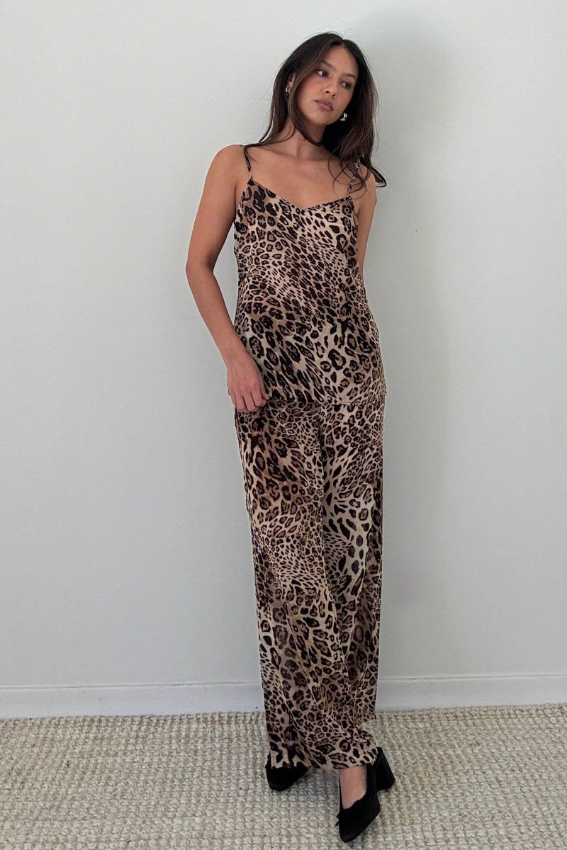 Leopard Print Chiffon Top and Wide Leg Pants Set