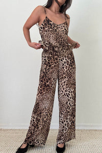 Leopard Print Chiffon Top and Wide Leg Pants Set