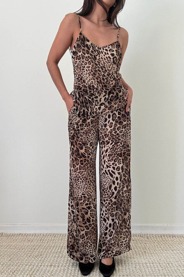Leopard Print Chiffon Top and Wide Leg Pants Set