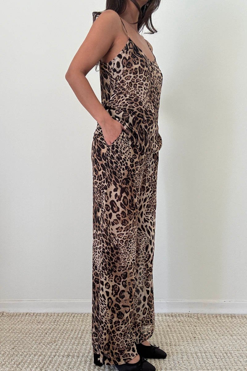 Leopard Print Chiffon Top and Wide Leg Pants Set