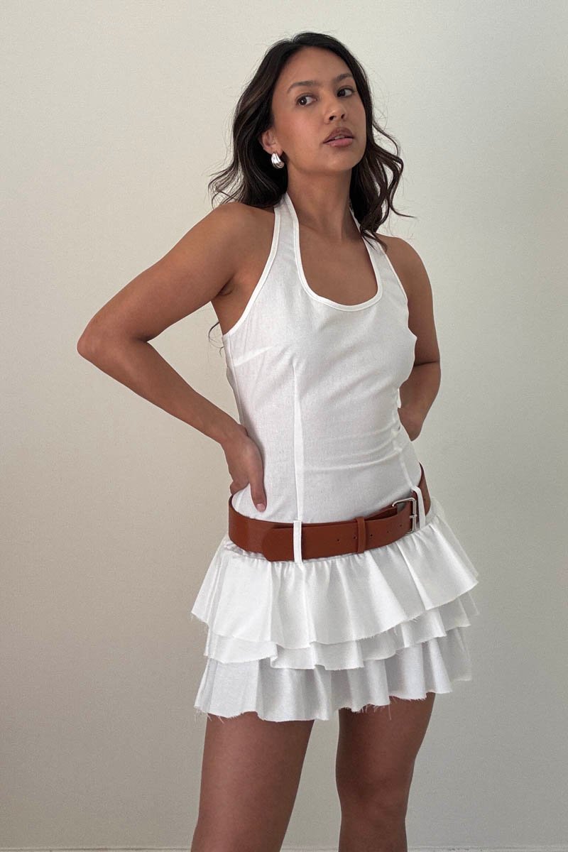 White Tiered Ruffle Hem Belted Mini Dress