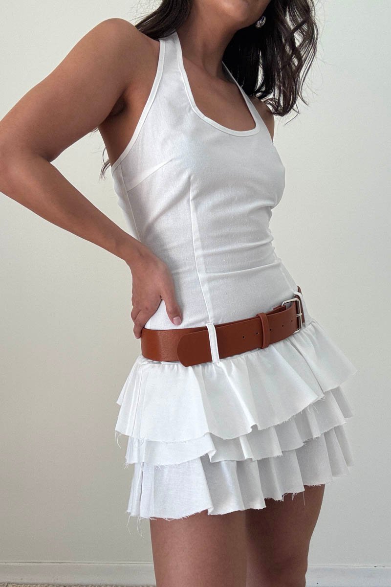 White Tiered Ruffle Hem Belted Mini Dress