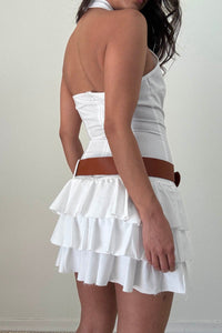 White Tiered Ruffle Hem Belted Mini Dress