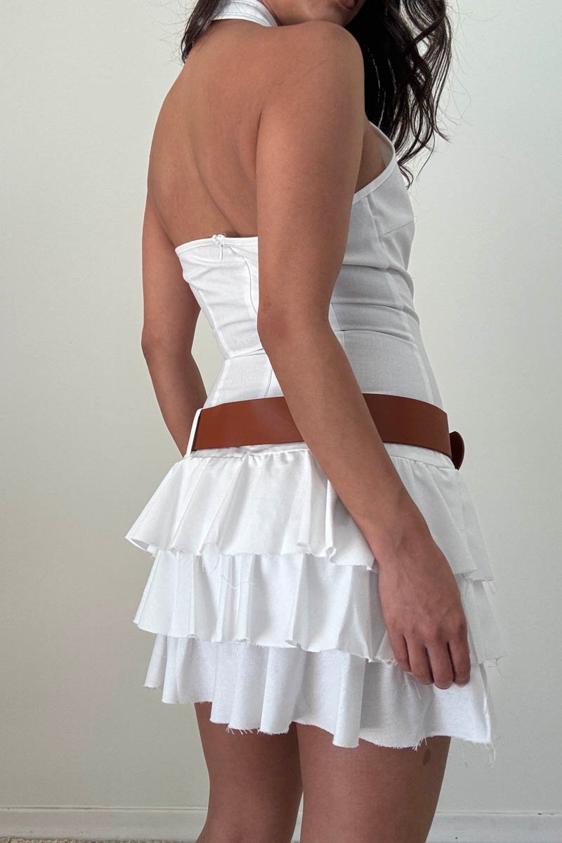 White Tiered Ruffle Hem Belted Mini Dress